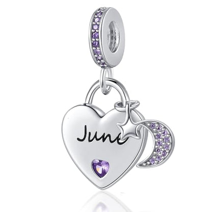 12 Months Birthstone Heart Charm Moon and Star Pendant Bead Compatible with Pandora Bracelet Women - style: June