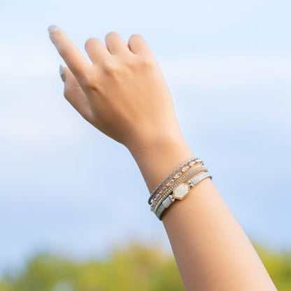 FANCY SHINY Crystal Beaded Leather Wrap Bracelet Stackable Boho Jewelry for Women Resin Stone Bangle Cuff with Magnetic Clasp - color: Silver