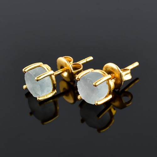 Raw Gold Stud Earrings For Women Natural Gemstone Dainty Pair 14K Gold Plated Flat Back Earrings, Prong Setting Handmade Hypoallergenic Minimalist Jewelry Gifts For Mom, Birthstone Energy Crystals