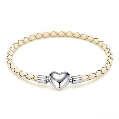 GMXLin Leather Charm Bracelet Heart Snap Clasp Clip Lock Handmade Braided Wristband Compatible with Women Pandora Charm Bead - color: White