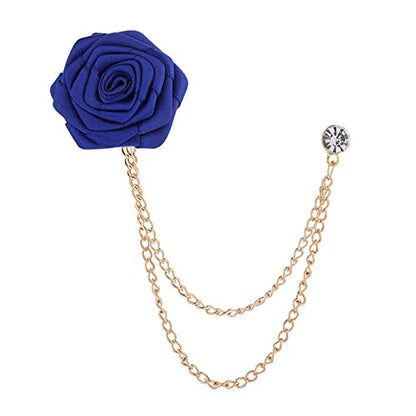 Bridegroom Wedding Brooch, Rose Flower Brooch Lapel Pin Badge Tassel Chain for Men Suit Accessories, Cloth Art Handmade Jewelry - color: Blue Navy