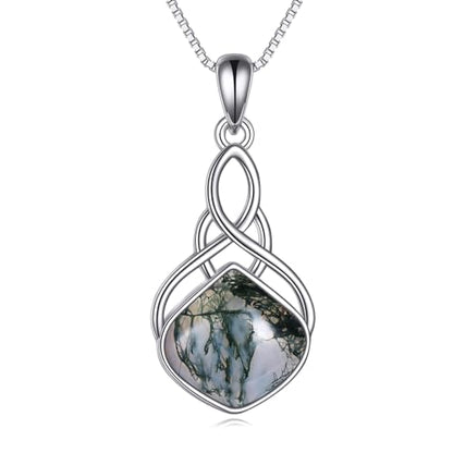 YAFEINI Irish Celtic Pendant Necklace Sterling Silver Natural Stone Teardrop Necklace Jewelry Gifts For Women Girls - color: Moss agate necklace