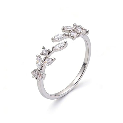 Gold Rings Non Tarnish Silver Adjustable Rings for Women Cubic Zirconia Leaf Ring Dainty Silver Stackable Ring for Women - style: silver