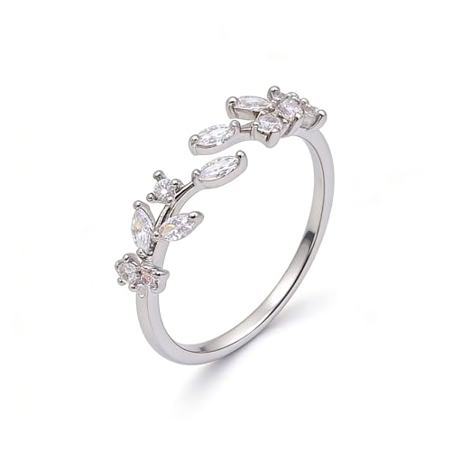 Gold Rings Non Tarnish Silver Adjustable Rings for Women Cubic Zirconia Leaf Ring Dainty Silver Stackable Ring for Women - style: silver