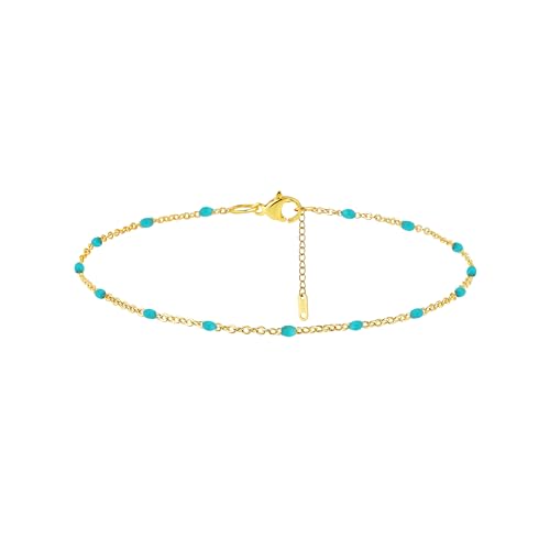 Dainty Ankle Bracelets for Women 18K Gold Plated Waterproof | Satellite Beaded Herringbone Lip Chain Anklets Simple Minimalist Summer Beach Foot Jewelry, Gift Box Included - color: Green Beads-Gold