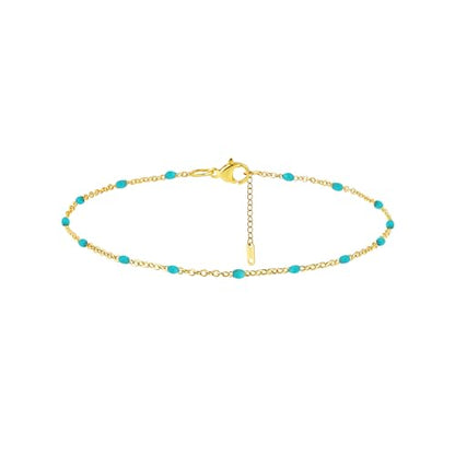 Dainty Ankle Bracelets for Women 18K Gold Plated Waterproof | Satellite Beaded Herringbone Lip Chain Anklets Simple Minimalist Summer Beach Foot Jewelry, Gift Box Included - color: Green Beads-Gold