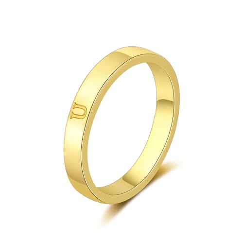 Honsny Gold Initial Rings for Women 14K Gold Dainty Wedding Band Letter Ring Engraved Capital Alphabet Stacking Thumb Initial Name Rings for Teen Jewelry Gifts Size 6-10 - color: U, size: 6