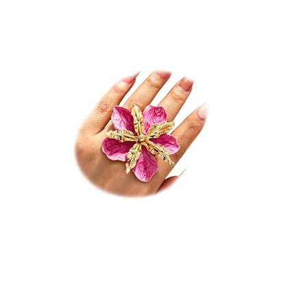 Retro Large Gold Leaves Black Red Enamel Flower Ring for Women Jewelry Gift | Bold Oil Drip Light Red Floral Irregular Petals Statement Gold Leaf Joint Finger Ring Punk Vacation Y2k Party Boho Accessory - color: Red