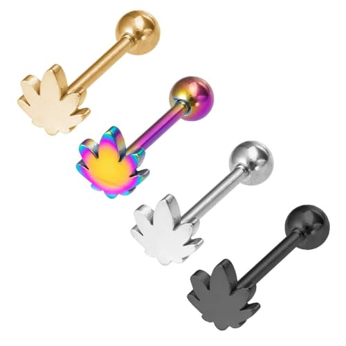 4Pcs 14G Stainless Steel Tongue Rings for Women Simple Heart Star Maple Leaf Tongue Ring Straight Bar Tongue Barbell Hypoallergenic Tongue Piercing Jewelry - style: Maple Leaf
