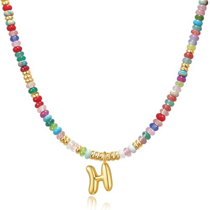 YOUFENG Initial Letter Necklaces for Women Colorful Beaded Gemstone Choker 14K Gold Plated Bubble Letter Pendant Necklace Natural Stone Handmade Jewelry Gift - color: H