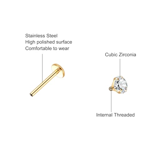 Xpircn Flat Back Stud Earrings 14K Gold Plated Internally Threaded CZ Stud Piercing Jewelry for Tragus Helix Cartilage Conch Nose Hypoallergenic Lip Labret Medusa Piercing 16G 18G - color: 18 Gauge, Gold, size: 10mm Bar