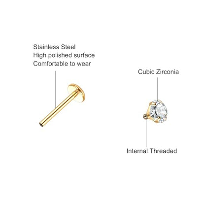 Xpircn Flat Back Stud Earrings 14K Gold Plated Internally Threaded CZ Stud Piercing Jewelry for Tragus Helix Cartilage Conch Nose Hypoallergenic Lip Labret Medusa Piercing 16G 18G - color: 18 Gauge, Gold, size: 10mm Bar