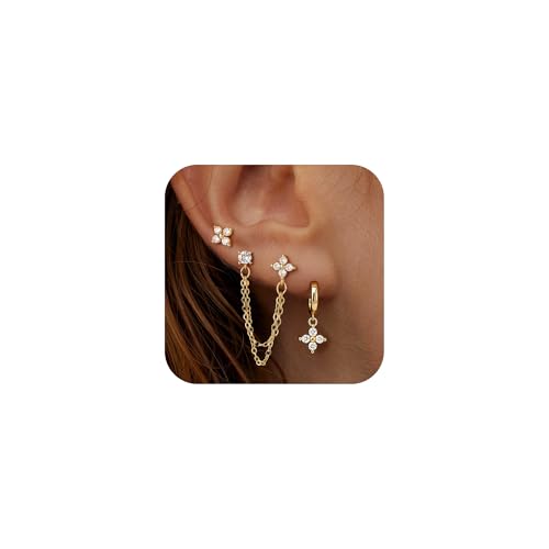 Small Earrings Stack for Women, 3 Pairs Gold Plated Hypoallergenic Dainty Cute Stud Huggie Jacket Set, Fashion Accessories Holiday Birthstone Western Jewelry Gifts - color: 02