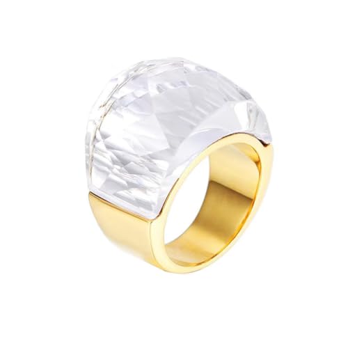 Oversize Crystal Glass Rhinestone Statement Ring Stainless Steel Pink Royal Purple Rainbow Cubic Zirconia Chunky Wedding Band for Women Cocktail Party Ring for Ladies Birthday - color: Gold White Stone
