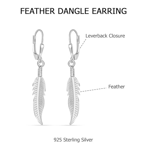LeCalla 925 Sterling Silver Drop Earrings | Lever-Back Drop Earrings | Hypoallergenic Silver Teardrop Leverback Dangle Earring for Women Jewelry Gifts - color: Nature Feather Drop-40MM
