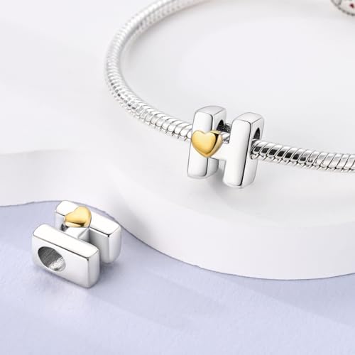 925 Sterling Silver Letter Charms A-Z for Bracelet Necklace Alphabet Bead | Heart letter A B C D G J charm initial gold Pendant beads Jewelry Gift for Women - color: Letter H
