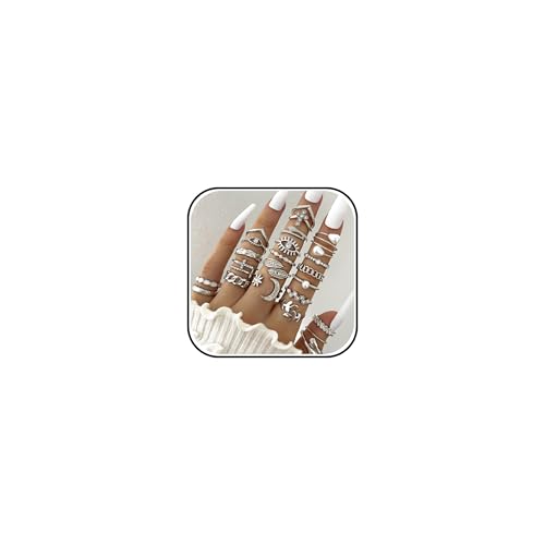 HUASAI Gold Stackable Rings Set for Women Boho Dainty Moon Star Pearl Leaf Cubic Zirconia Heart Midi Pinky Trendy Jewelry Birthday Gifts - color: C Silver 23 Pcs
