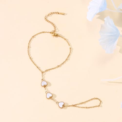Hand Chain Bracelets for Women 14K Gold Plated Dainty Link Bracelet Bracelets Trendy Ring Bracelet Birthday Jewelry Gifts for Women - style: White Heart