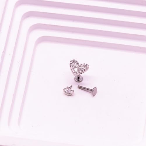 VERAMI 16G Surgical Steel Pushin Lip Rings Butterfly Flower Bee Nose Stud Rings Top Push in Threadless Flat Back Nose Rings Studs Cartilage Earrings for Womens - color: Silver-Crown Heart
