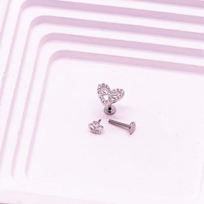 VERAMI 16G Surgical Steel Pushin Lip Rings Butterfly Flower Bee Nose Stud Rings Top Push in Threadless Flat Back Nose Rings Studs Cartilage Earrings for Womens - color: Silver-Crown Heart