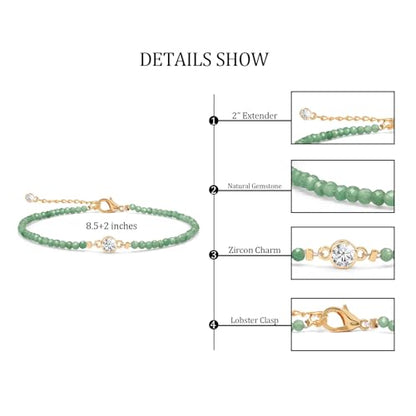 Raicegs Anklets for Women Handmade Beach Boho Ankle Bracelet 3mm Natural Stone Beaded Ankle Bracelet 14K Gold Plated Zircon Pendant Adjustable Crystal Gemstone Anklet Jewelry Gift for Her - color: Green Aventurine