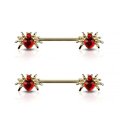 Pierced Owl 14GA 316L Stainless Steel CZ Crystal Heart Spider Ends Nipple Barbells, Sold as a Pair - style: Gold Tone