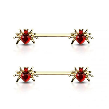 Pierced Owl 14GA 316L Stainless Steel CZ Crystal Heart Spider Ends Nipple Barbells, Sold as a Pair - style: Gold Tone