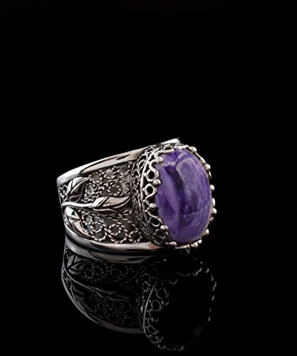 Filigranist 925 Sterling Silver Filigree Art Lace Embroidery Tulip Detailed Gemstone Women Cocktail Ring, Luxurious Gift Boxed - color: Charoite
