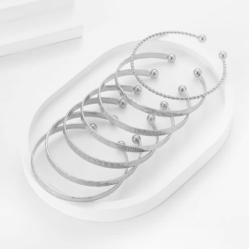7Pcs Gold Bangle Bracelets for Women 14k Gold Plated Stackable Cuff Bracelet Set Simple Trendy Opening Cuff Bangle Bracelets Bracelet Minimalist Layering Jewelry Gift Set - color: Silver