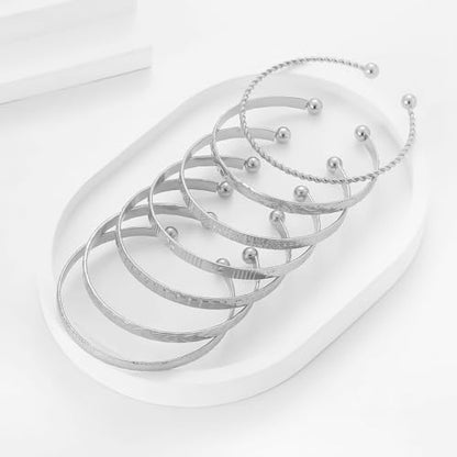 7Pcs Gold Bangle Bracelets for Women 14k Gold Plated Stackable Cuff Bracelet Set Simple Trendy Opening Cuff Bangle Bracelets Bracelet Minimalist Layering Jewelry Gift Set - color: Silver