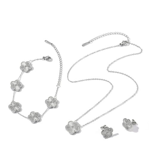 Clover Neckalce Earring Set for Women 14K Gold Plated Stainless Steel Four Leaf Clover Jewelry Set - color: Silver