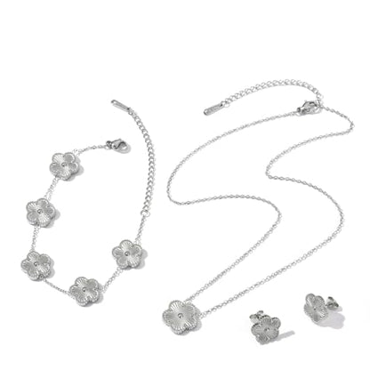 Clover Neckalce Earring Set for Women 14K Gold Plated Stainless Steel Four Leaf Clover Jewelry Set - color: Silver