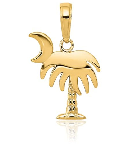 IceCarats 14K Yellow Gold Charleston Palm Tree Moon Pendant Necklace | Polished, Solid, Small, 17mm 5/8 inch