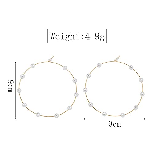 Doubnine Large Hoops Super Huge Circle Pearls Earrings Thin Dangle Gold Silver Elegant Wedding Women Accessories Jewelry Gift for Her - size: 90 mm Gold