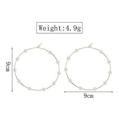 Doubnine Large Hoops Super Huge Circle Pearls Earrings Thin Dangle Gold Silver Elegant Wedding Women Accessories Jewelry Gift for Her - size: 90 mm Gold