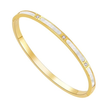 ZEZE++ Gold cuff bracelets for women - Mother of Pearl and Cubic Zirconia Bangle, High Polished Stainless Steel, Perfect for Wedding, Party, and Gift for Her - color: Gold
