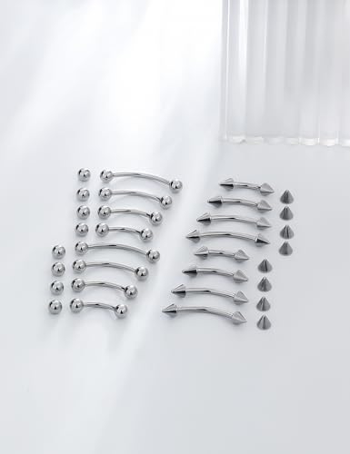 16g 6/8/10/12mm Silver/Black Eyebrow/Rook/Snug/Vertical-Labret/VCH/Snake-Eyes/Anti-Tragus/Christina/Daith/Belly-Button/Bridge/Hood/Surface Curved Barbell Piercing Jewelry for Women Men - color: Silver