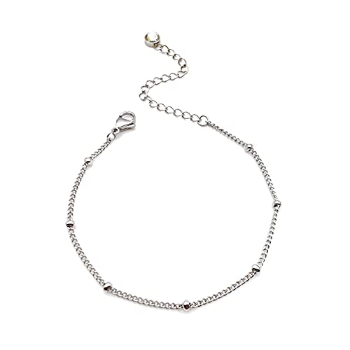 Dainty Bracelets for Women Paperclip Chain Bangles Handmade Tiny Cute Oval and Round Beaded Bracelet 316L Stainless Steel Jewelry Gift for Best Friend - style: Beads Rope Chain Silver