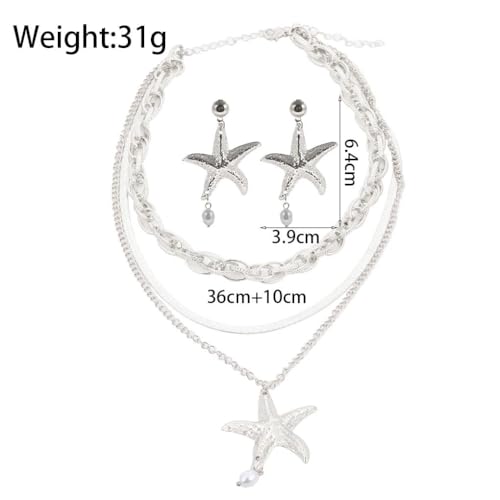 Gold Layered Stackable Starfish Earrings Necklace Sets for Women,Boho Faux Pearl Earrings Chunky Herringbone Pendant Necklace Ocean Matching Jewelry Gifts - color: Silver