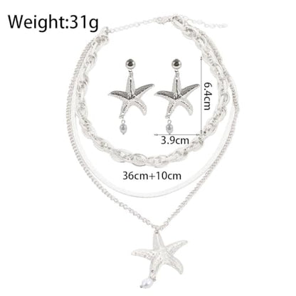 Gold Layered Stackable Starfish Earrings Necklace Sets for Women,Boho Faux Pearl Earrings Chunky Herringbone Pendant Necklace Ocean Matching Jewelry Gifts - color: Silver