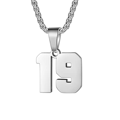 Susook Number Necklace for Boy Black Athletes Number Stainless Steel Chain 00-99 Number Charm Pendant Personalized Sports Jewelry for Men Basketball Baseball Football - color: Silver, style: 19