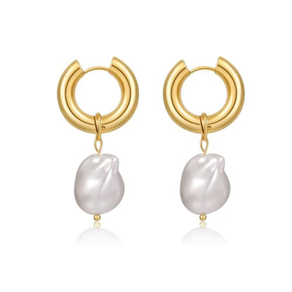Pearl Earrings for Women 14K Gold Freshwater Pearl Hoop Earring Dangle Drop Wedding Earrings Bridal Bridesmaid Jewelry Gifts for Women - color: Gold man-made Pearl Drop Hoops