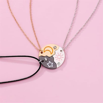 3pcs Friendship Moon Sun Star Puzzle Matching Necklace Set Gold Silver Plated Cute Crescent Round Circle Geometric Best Friend BFF Pendant Necklace for 3 Women Sisters Daughter Birthday Jewelry Gifts - color: Mixed color