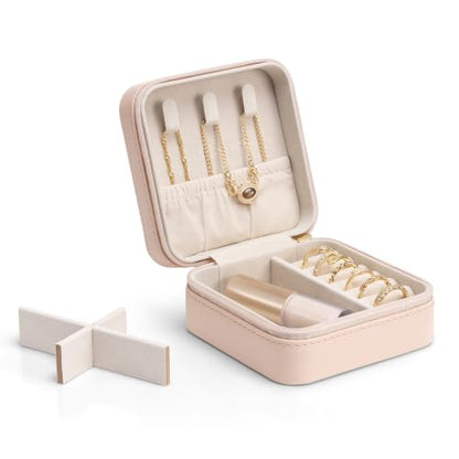VLANDO Small Travel Jewelry Box Organizer Display Case for Girls Women Gift Rings Earrings Necklaces Storage, Pale Nude Pink - color: Pale Nude Pink