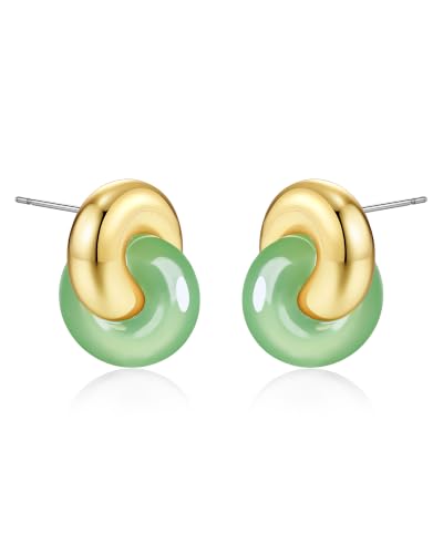 Small Twist Interlock Chunky 18K gold plated Gemstone Natural Stone (Brown, Green, Pink, White) Statement Earrings for Women by SNGIA, Dainty Love Knot Tiger Eye Amber Jade Tourmaline Bold Handmade Exaggerated Dome Retro Rounded Button Half Ball Trendy Bo
