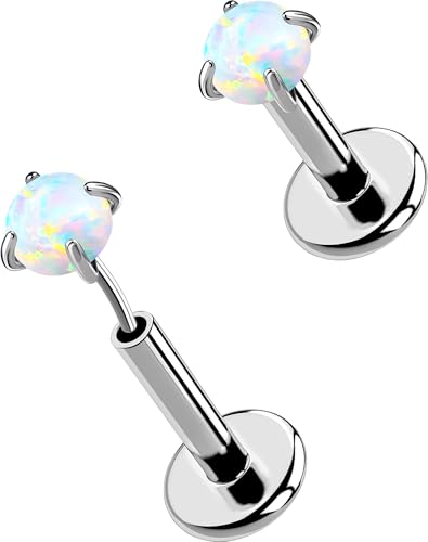 OUFER 2PCS 16G/20G Nose Lip Studs, G23 Solid Titanium Threadless Push in Nose Nostril Lip Labret Medusa Monroe Helix Cartilage Tragus Conch Lobe Piercing Jewelry for Women Men - color: Silver bar, Claw Opal, size: 2pcs, 16g 5mm, 2mm Opal