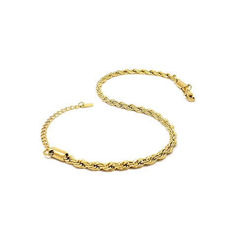 Fashion 21 Stainless Steel Cuban, Rope Chain Anklet for Women Adjustable Ankle Bracelet Waterproof Beach Fashion (I: Rope (Gold 4mm))