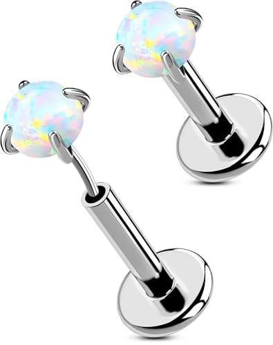 OUFER 2PCS 16G/20G Nose Lip Studs, G23 Solid Titanium Threadless Push in Nose Nostril Lip Labret Medusa Monroe Helix Cartilage Tragus Conch Lobe Piercing Jewelry for Women Men - color: Silver bar, Claw Opal, size: 2pcs, 16g 5mm, 3mm Opal