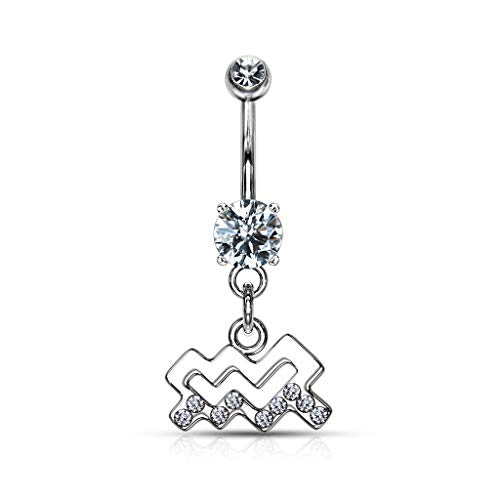 Forbidden Body Jewelry Surgical Steel CZ Jeweled Zodiac Sign Dangle Belly Button Ring - style: Aquarius