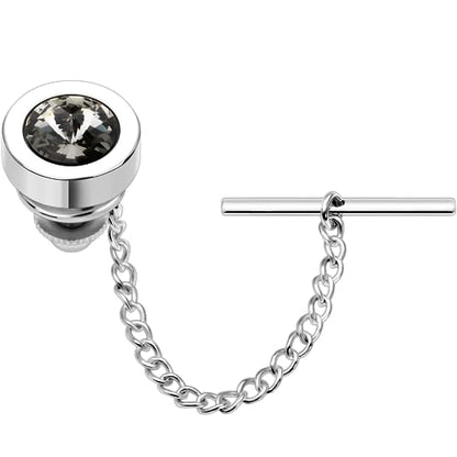 HAWSON Mens Tie Tack with Chain Round Crystal Wedding Business Accessories - color: Silver + Black Diamond